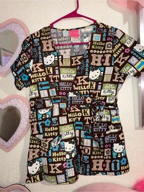 Hello Kitty Brown Multi Short Sleeve Patchwork scrub